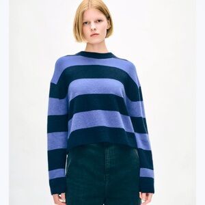 White + Warren Striped Blue and Black Cashmere Crewneck Sweater size M